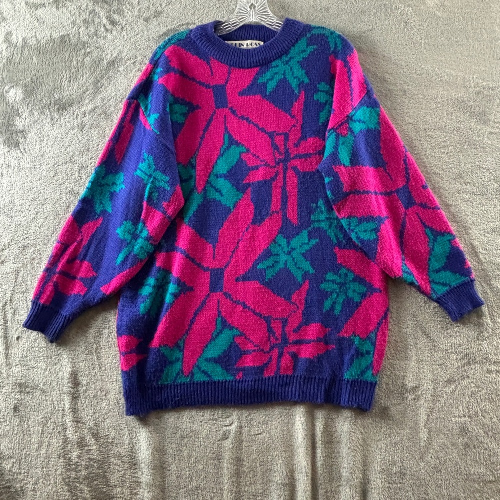 Vintage Robin Ross Floral Slouchy Sweater Womens L Purple Pink Teal Knit 1980s